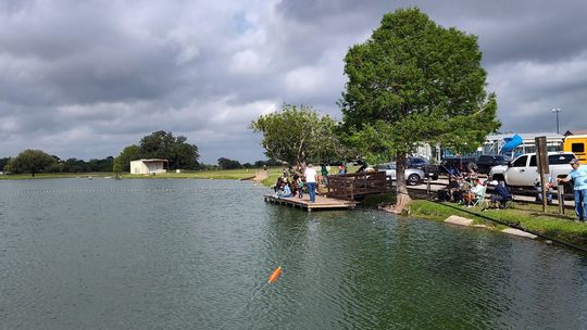Kids hook catfish in Cuero City Park Lake