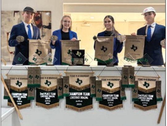 DeWitt County Senior Livestock Judging Team show off their awards from the State 4-H Contest on June 4 at State 4-H Roundup, TAMU College Station. From left, are team members Sawyer Parker, Jackie Finney, Percy Torrez, and Wyatt Luddeke. Finney, Torrez and Luddeke will travel to Scotland l...