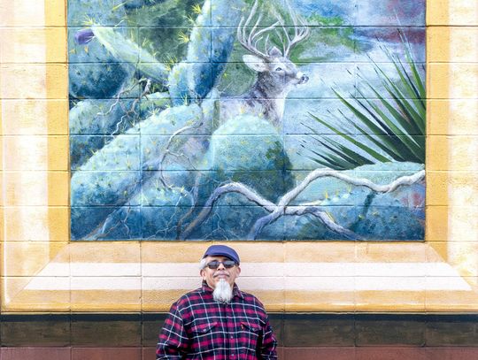 Joe Reuss was one of the first to invite Rafael Acosta to paint murals in Cuero. The theme of this mural,'Unendangered Species,' highlights the idea that animals can live freely without becoming endangered in DeWitt County. The murals are located on the backside of the Reuss Pharmacy. Reus...