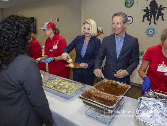 Texas Land Commissioner Dawn Buckingham, M.D., serves Veterans and guests with Texas State Senator Kelly Hancock at the Richard A. Anderson Texas State Veterans Home, one of 10 facilities maintained by the VLB. (Contributed Photo)