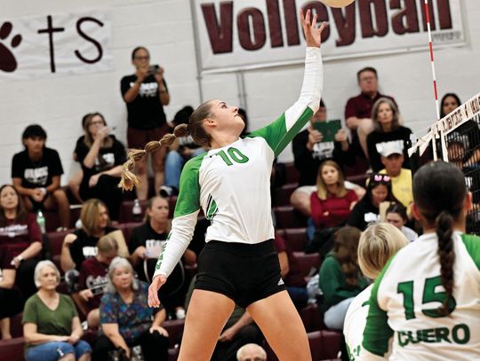 Senior Arissa Carbonara pushes the ball over the net to win the point at Calallen on September 3. The Lady Gobblers beat Calallen in a five-set thriller on Sep. 3.