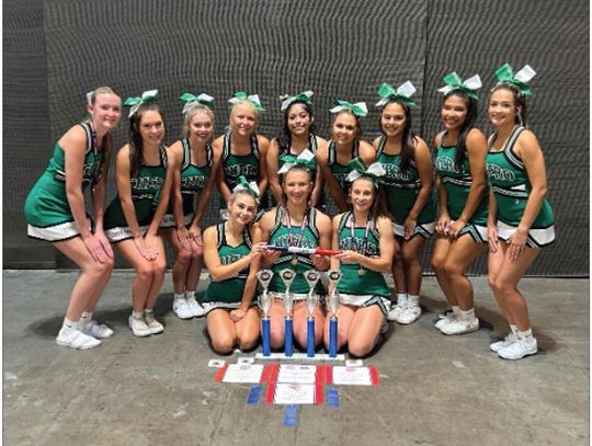 2024-25 Varsity Cheerleaders: Mallory Mills (Mascot), Ambri Pawlik, Keely Bryan, Lillie Heller, Julia Hernandez, Lexi Flessner, Joslyn Villanueva, Kirsten Trevino, Emily Woods. In front: Kaitlyn Comiskey (Asst. Head), Ella Jander (Head Cheerleader) and Jaydie Cooper (Asst. Head).