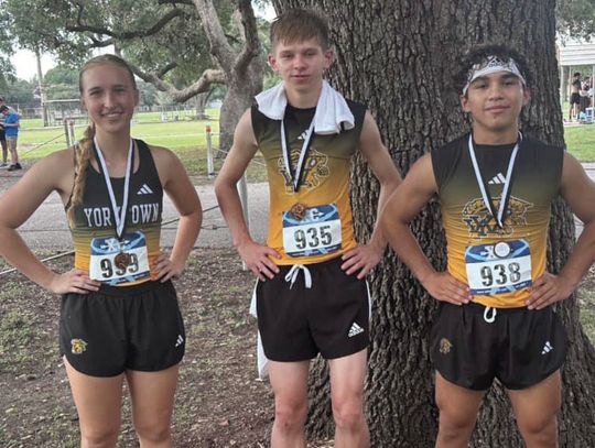 (Left to Right): Yorktown medalists at the Moulton Cross Country Meet. Rylie Krueger (10th place in Varsity Girls), Layne Geffert (18th place in Varsity Boys) and Johnathan Guerrero (8th place in Varsity Boys).