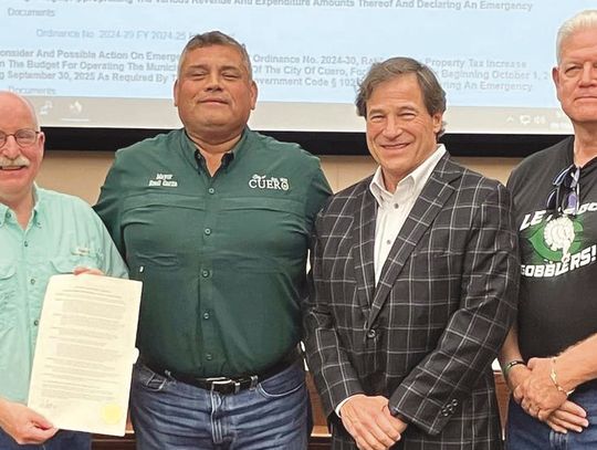 Mayor Emil Garza presented a proclamation honoring the 1974 Gobbler Football team and coaches at City Council on September 9 to team representatives Walter McClung, Jeff Ray and Leslie Rabke. The proclamation will be read again on September 20th at the reception at Cuero High School cafete...