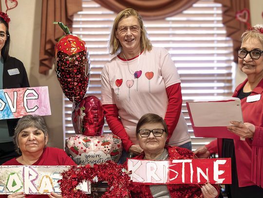 Pictured (L-R) are Katie Mitchell, Admissions Director; Kelle Clark, CJHS Art Teacher; Gloria Hernandez, Admissions Coordinator. The residents seated from left to right are Loraine Gonzales and Kristine Rush. The nursing home facility's name is Cuero Nursing and Rehabilitation Center. (Pho...