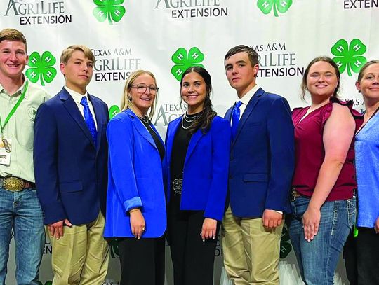 From left, Denise Goebel, J.R. Bishop, Sawyer Parker, Jackie Finney, Percy Torrez, Wyatt Luddeke, Jana Justiss, Kassidy Cowey and Candace Williamson pause for a group shot at the Texas 4-H Roundup in Bryan-College Station. For more photos from the Roundup, see dewittcountytoday.com (Contri...