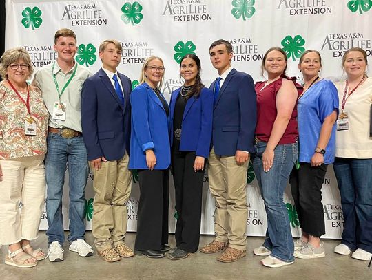 From left, Denise Goebel, J.R. Bishop, Sawyer Parker, Jackie Finney, Percy Torrez, Wyatt Luddeke, Jana Justiss, Kassidy Cowey and Candace Williams pause for a group photo at the Texas 4-H Roundup in Bryan-College Station. (Contributed Photo)