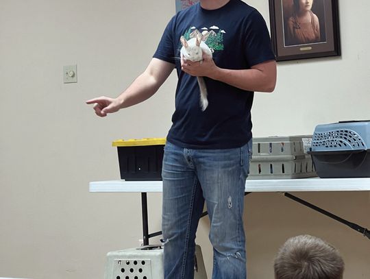 Dylan McDaniel with Wild Things Zoofari describes his chinchilla name Henry to children at the Yorktown Public Library. This week’s Friends of the Library program welcomes the Texas Snake Man at 10 a.m. on Wednesday. CONTRIBUTED PHOTO