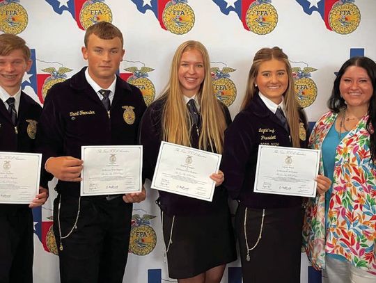 Pictured (L-R): Layne Geffert, Trent Foerster, Sydnie Krueger, Laynie Boyd and new Yorktown FFA teacher Emmalee Alatorre. Not pictured: Ashlie Gaida, Destiny Longoria, Mallory Soliz. CONTRIBUTED PHOTO