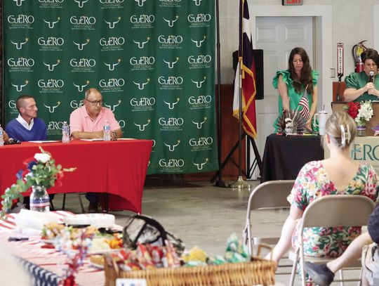 The first group of candidates at the April 16 forum were those vying for the two atlarge city council seats. From left, Adam Arroyo, Russell Mobley and Charles Tounley. At the podium, Sara Blain served as timekeeper and Angie Cuellar with the Chamber of Commerce welcomed the audience. (Sta...