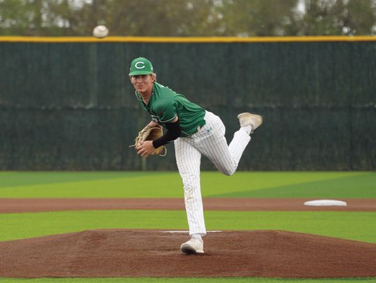 Caleb Nagel struck out 12 Gonzales batters, contributing to the 10-1 victory in district play. (Photo by Jeni Garrett)