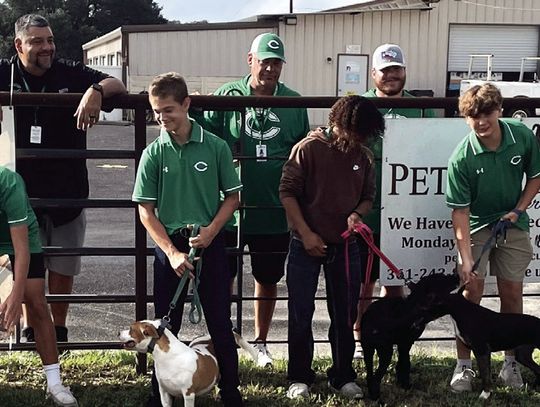The Gobbler football team visit Pet Adoptions of Cuero on Thursday, Aug. 29, to walk all the big dogs. A parade of green shirts led a dozen dogs at one time down Highway 183 in front of the shelter. (Contributed photo)