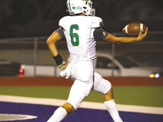 Quarterback Jaxxon Marie scores his 3rd rushing touchdown in the 3rd Quarter, giving the Gobblers a 55-35 lead. Marie would end up with 4 touchdowns on the ground. (Photos by Mike Cantu)