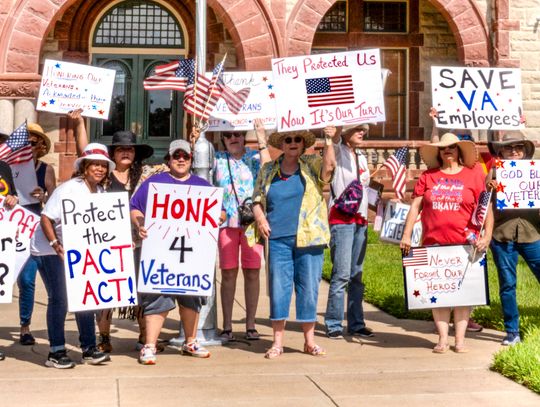 The DeWitt Lavaca County Democratic Women gather at the courthouse on June 6 to rally in support of veteran jobs, healthcare and essential VA services on the anniversary of D-Day. Participants, coming from Cuero as well as Victoria, Shiner, and Hallettsville, marched to the corner of Broad...