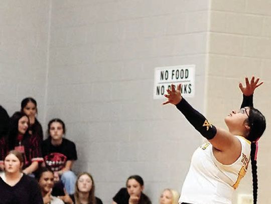 Senior Audrena Hernandez serves against Falls City on Oct. 15. Spectators who wore black got free admission to the match. PHOTOS BY VALERIE STUART