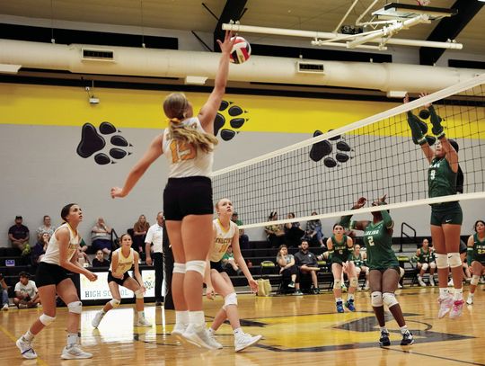 Carly Weischwill hits from the right side against the Eagles. Dodds, Person, and Stehling can be seen covering. PHOTO BY VALERIE STUART