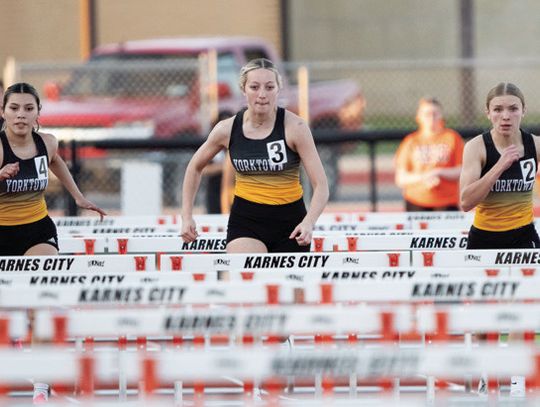 Kitty Kat Hurdlers Nina Villarreal, Avery Martin and Palyn Koopmann blazing through the 100m Hurdles at the Karnes City Meet.Martin would finish 1st, Koopmann 2nd and Villarreal 5th. CONTRIBUTED PHOTOS