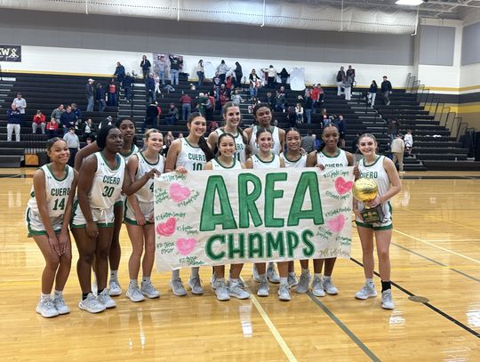 Lady Gobblers celebrate becoming Area Champions, as they defeated Wimberley 58-40. (Photo by Chandra Carbonara)
