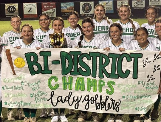 Lady Gobblers celebrate after beating Pleasanton in two games on Thursday and Friday making them Bi-District Champions. (Contributed