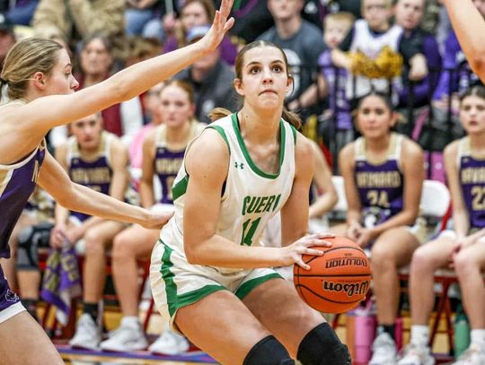 Arissa Carbonara takes a shot at Friday’s winning game against the Navarro Lady Panthers (41-23). After taking the regional championship, the Lady Gobblers head to a state semi-final on Tuesday in Katy. See DeWittCountyToday.com for results. (Photo by Mike Cantu)
