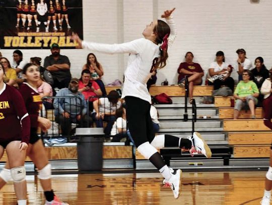 Abby Klein goes for a back row kill last week. The Lady Pirates played a district game on October 15 against Austwell-Tivoli, capturing a win in the fifth set. Then on Friday they won in three sets against McMullen County’s JV. The Lady Pirates are currently ranked 2nd in district play. CO...