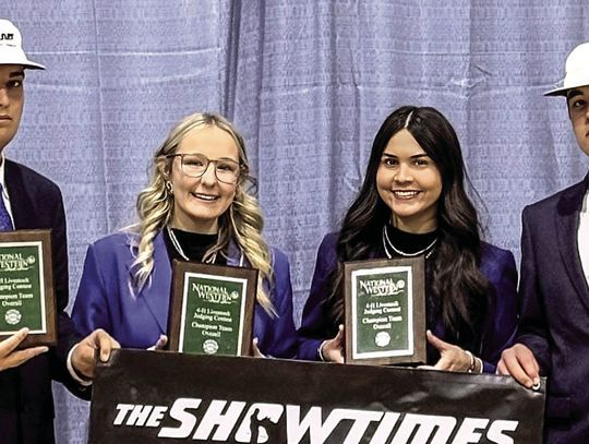 The DeWitt County 4-H Livestock Judging Team secured 1st place at the Western National Roundup on January 10 in Denver, which qualified them for the International Royal Highland Show. Team members (L to R) Nathan Oakes, Jackie Finney, Percy Torrez, and Wyatt Luddeke held their award plaque...
