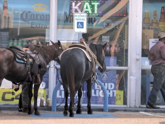 Not much has changed in the last century or so for folk needing supplies in Cuero on Morgan Street. Just tie off the horses and pop in for provisions like these riders on May 7, 2025. (Staff Photo)