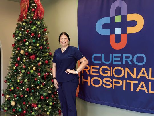 Shelby Stary wears her ADN pin which she was recently awarded at the Victoria College nursing graduation. She was the recipient of the Leaders in Nursing Careers (LINC) scholarship program at Cuero Regional Hospital. (Photo by Ele Chew)