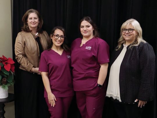 VN Top Graduates photo: Pictured (L-R) are Victoria College President Dr. Jennifer Kent; Abigail Perez and Dakota Ratjen, the 2024 Vocational Nursing Program graduates with the highest GPA; and Dean of Allied Health Darla Strother. Ratjen is from Yorktown. PHOTO BY VICTORIA COLLEGE