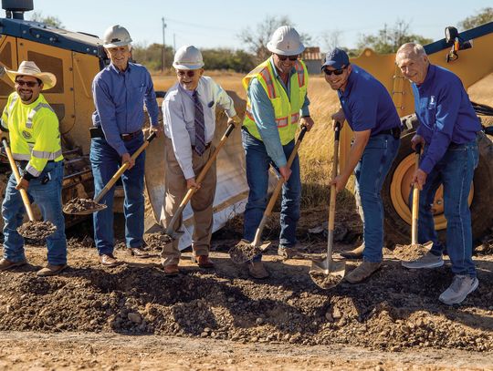 Commissioners Court, Westhoff School Board Members, and TxDot break ground for the FM 240 bypass of Westhoff ISD on November 25: (L-R) Ryan Varela, commissioner, PCT 1; Curtis Afflerbach, former commissioner, PCT 1; Daryl Fowler, county judge; Jim Wilson, CE Barker Ltd; Andrew Weikel, WISD...