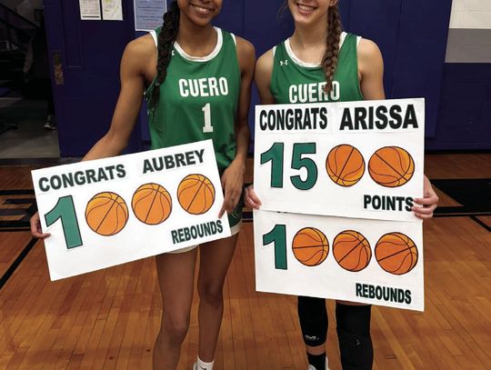 Both Aubrey Bowles, left, and Arissa Carbonara, right, hit milestones during the San Antonio Memorial district game. Aubrey Bowles has exceeded 1000 rebounds in her career, and Arissa has more than 1500 career points and has surpassed 1000 career rebounds. (Contributed Photo)
