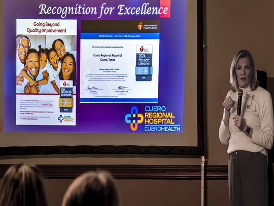 Cuero Regional Hospital CEO Lynn Falcone highlights the hospital’s accomplishments of 2024 at the Cuero Chamber of Commerce “State of Cuero Business” luncheon on January 29. County and city officials updated attendees on events as well as outlined goals for 2025. See story on Page 13 (Phot...
