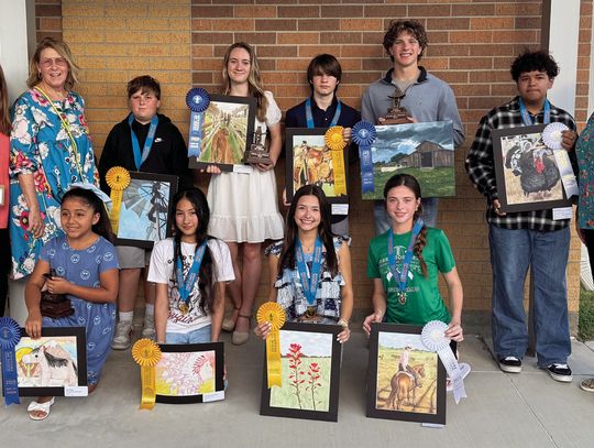 Cuero ISD art students excelled at this year’s Houston Livestock Show art contest. Front, from left, Layla Malagon, Crystal Gutierrez Contreras, Emily Woods, and Hope Cooper. Back, from left, Kelli Dingle, Kelle Clark, Riley Dickens, Morgan Zengerle, Hunter Pfenninger, Eli Garrett, Donovan...