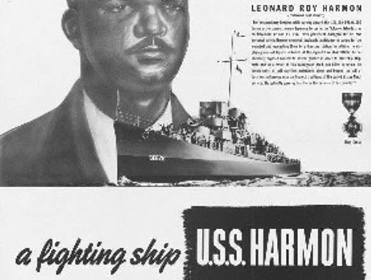 According to the Historical Marker Database, the likeness of Leonard Roy Harmon on this WWII poster is accurate except for the faux officer-type uniform. At the time of his death, he would have worn an enlisted sailor’s cover and jumper. (Contributed photo)