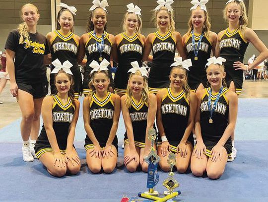 The YHS 2024-25 Cheerleaders attended the UCA Cheer Camp in Galveston. Pictured: Front Row (L-R): Brielle Allman, Alaina Guzman, Leighton Kirchoff, Destiny Longoria, Paige Deleon. Back Row (L-R): Rylie Krueger (mascot), Serenity Rodriguez, Malayshia Thomas, Ashlie Gaida, Brycen Allman, Syd...