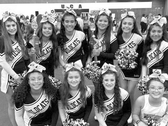 YJH 2024-25 Cheerleaders attended the UCA Camp at Texas A&amp;M. Front Row (L-R): Kyleigh Garcia, Piper Peyton, Lily Taylor, Kennedy Robertson (mascot). Back Row (L-R): Lainey Lemke, Aubry Guzman, Laylynn Palacios, Marissa Gea, Gabriella Anzaldua, Meigh Naranjo. CONTRIBUTED PHOTO
