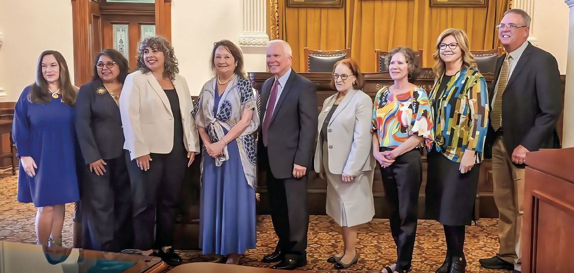 Director Sandra T. Osman, at left, received the honor of Cuero’s Main Street Program’s recognition at the First Lady’s Main Street Event at the Texas Capitol on Wednesday, April 23rd. Cecilia Abbott is shown fourth from left. (Contributed photo)