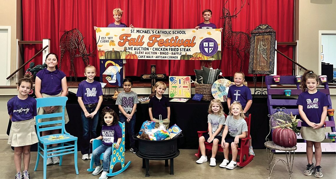 Annual Fall Festival offers fun, fellowship The students of St. Michael’s Catholic School hold a chair just for you at the Fall Festival on Sunday, Oct. 27. (Front Row, L-R)) Lenny Boehl, Ana Pacheco, Cora Zimmerman, Halle Zimmerman, and Alice Adams (Middle Row, L-R) Lillyanne Hance, Landrey Koopmann, Reese Corpus, Kade Vackar, Bayl...
