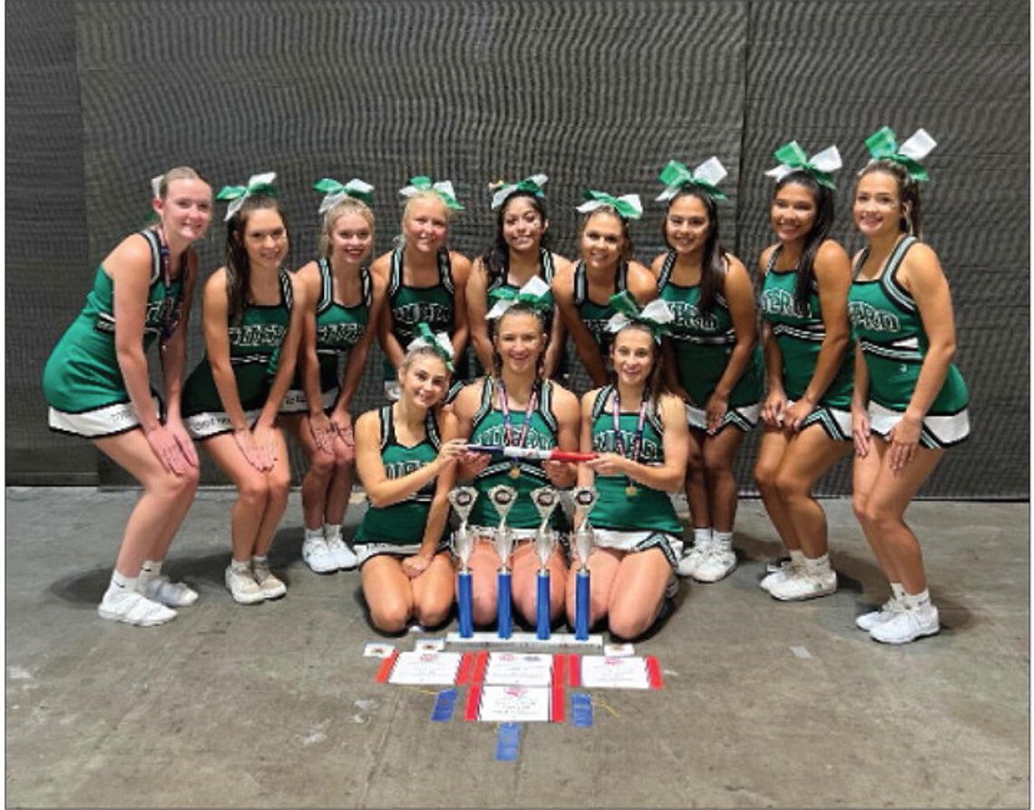 2024-25 Varsity Cheerleaders: Mallory Mills (Mascot), Ambri Pawlik, Keely Bryan, Lillie Heller, Julia Hernandez, Lexi Flessner, Joslyn Villanueva, Kirsten Trevino, Emily Woods. In front: Kaitlyn Comiskey (Asst. Head), Ella Jander (Head Cheerleader) and Jaydie Cooper (Asst. Head).