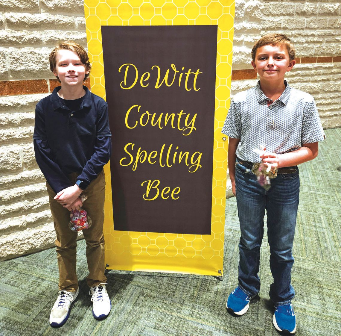 On Thursday, January 30, sixteen spellers from across DeWitt County competed at the DeWitt County Spelling Bee. Co-Champions Maximilian Leslie-Mess, left, a 4th grader from Hunt Elementary, and Eli Roeder, right, a 5th grader from St. Michael's Catholic School, will represent DeWitt County...