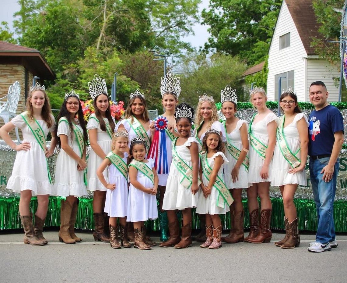 The 2024 Miss Cuero Court before the Yoakum Tom Tom parade last year. Pageant organizer Jason Burmeister is on the right.