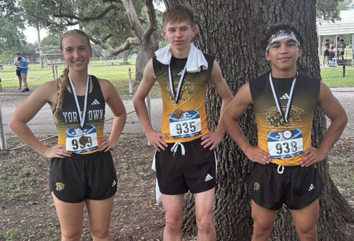 (Left to Right): Yorktown medalists at the Moulton Cross Country Meet. Rylie Krueger (10th place in Varsity Girls), Layne Geffert (18th place in Varsity Boys) and Johnathan Guerrero (8th place in Varsity Boys).