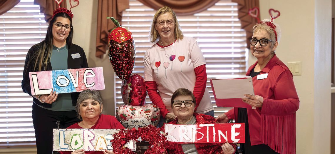 Pictured (L-R) are Katie Mitchell, Admissions Director; Kelle Clark, CJHS Art Teacher; Gloria Hernandez, Admissions Coordinator. The residents seated from left to right are Loraine Gonzales and Kristine Rush. The nursing home facility's name is Cuero Nursing and Rehabilitation Center. (Pho...