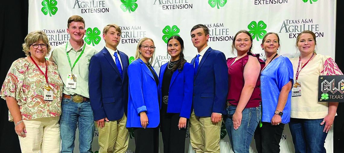 From left, Denise Goebel, J.R. Bishop, Sawyer Parker, Jackie Finney, Percy Torrez, Wyatt Luddeke, Jana Justiss, Kassidy Cowey and Candace Williamson pause for a group shot at the Texas 4-H Roundup in Bryan-College Station. For more photos from the Roundup, see dewittcountytoday.com (Contri...