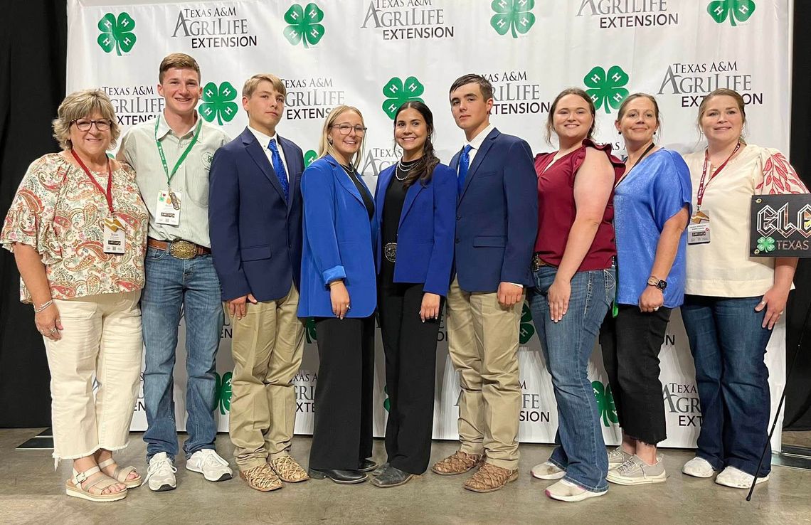From left, Denise Goebel, J.R. Bishop, Sawyer Parker, Jackie Finney, Percy Torrez, Wyatt Luddeke, Jana Justiss, Kassidy Cowey and Candace Williams pause for a group photo at the Texas 4-H Roundup in Bryan-College Station. (Contributed Photo)