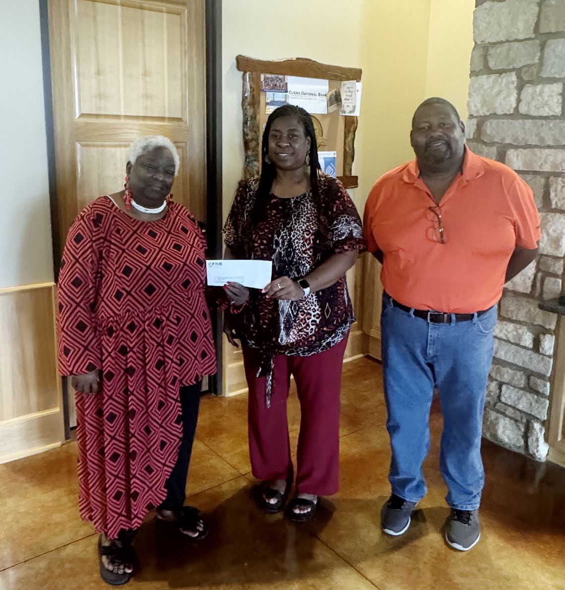 Cuero National Bank gave a donation of $500 for the 10th Annual Ethosha Lynn Back to School Bash, which will occur on Aug. 3 at the Cuero City Park Pavilion. Pictured L-R: Viola Holman, Helen McAfee, and Paul Harper. (Contributed Photo)