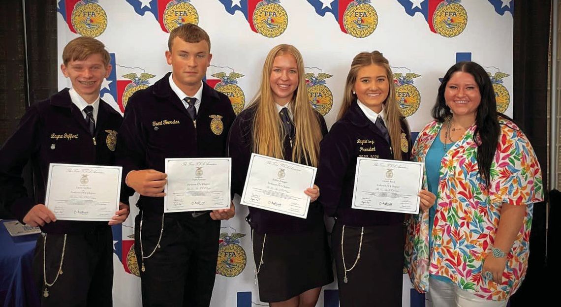 Pictured (L-R): Layne Geffert, Trent Foerster, Sydnie Krueger, Laynie Boyd and new Yorktown FFA teacher Emmalee Alatorre. Not pictured: Ashlie Gaida, Destiny Longoria, Mallory Soliz. CONTRIBUTED PHOTO