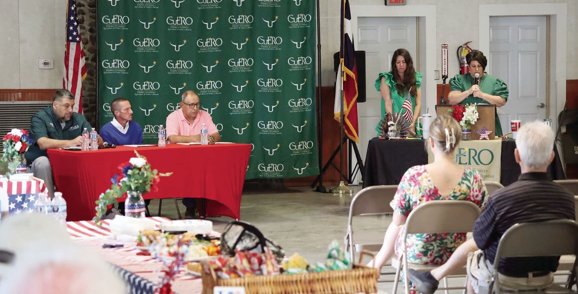 The first group of candidates at the April 16 forum were those vying for the two atlarge city council seats. From left, Adam Arroyo, Russell Mobley and Charles Tounley. At the podium, Sara Blain served as timekeeper and Angie Cuellar with the Chamber of Commerce welcomed the audience. (Sta...