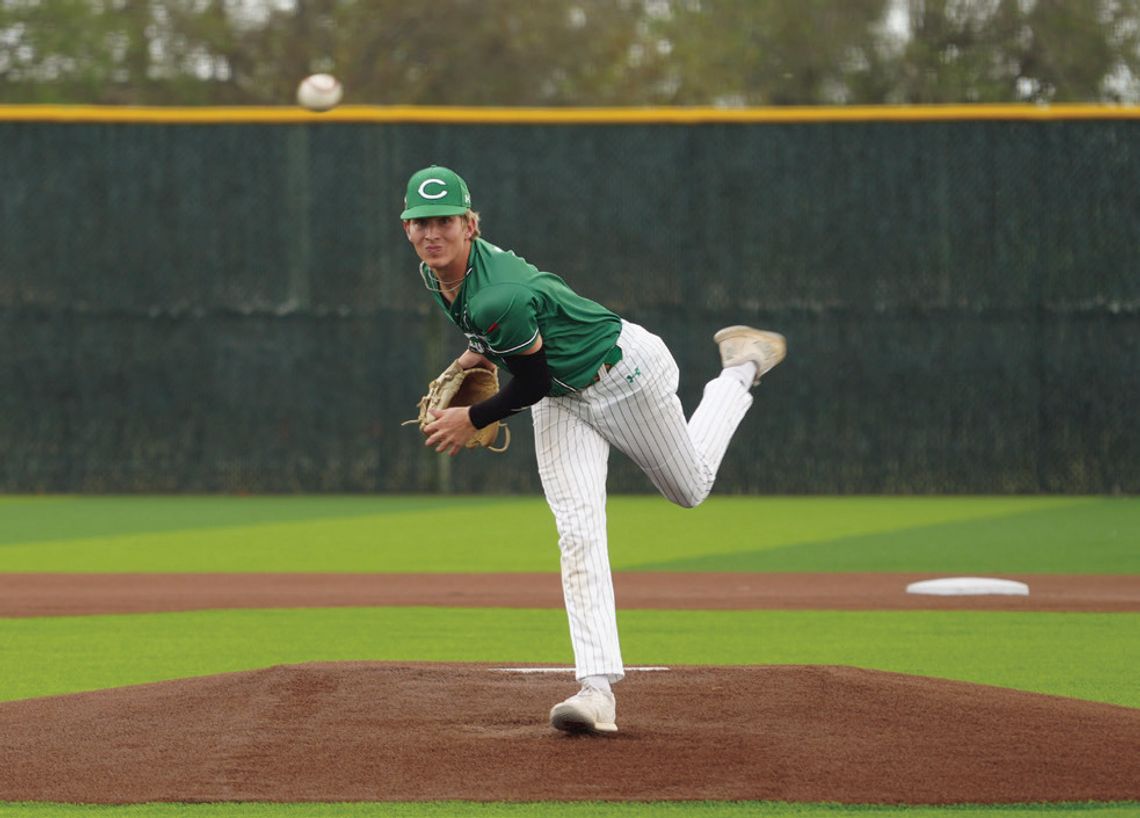 Caleb Nagel struck out 12 Gonzales batters, contributing to the 10-1 victory in district play. (Photo by Jeni Garrett)
