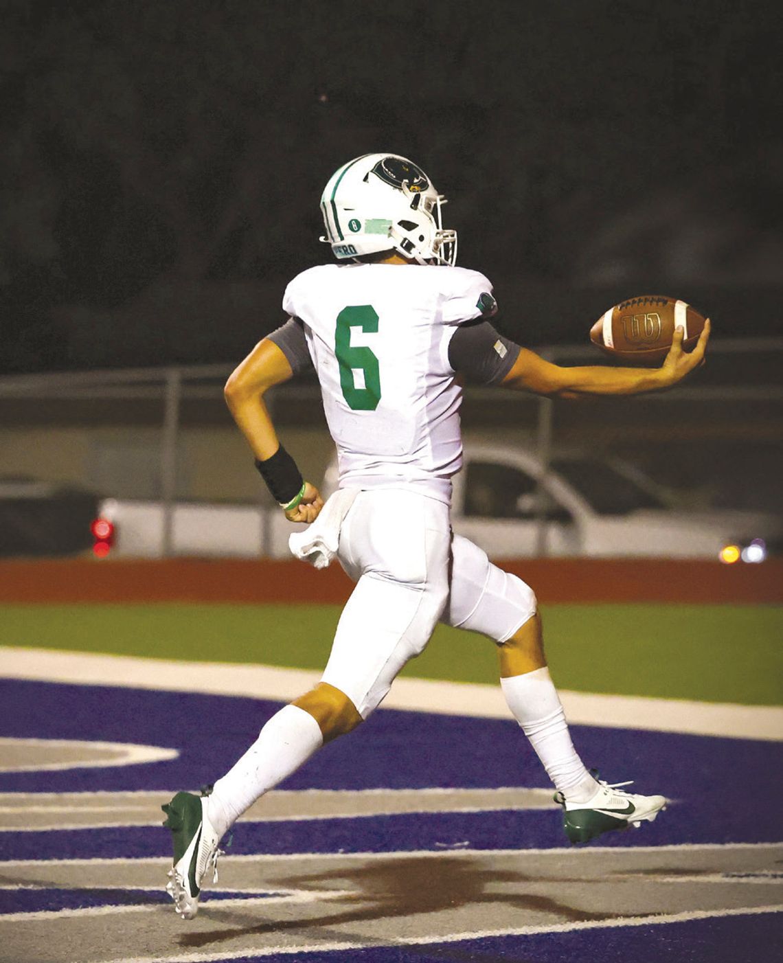 Quarterback Jaxxon Marie scores his 3rd rushing touchdown in the 3rd Quarter, giving the Gobblers a 55-35 lead. Marie would end up with 4 touchdowns on the ground. (Photos by Mike Cantu)